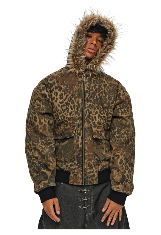 ANTIDOTE Washed Leopard Fur Hooded Work Jacket | Face 3 Face