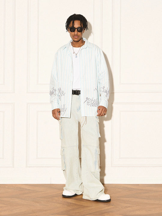 EMPTY REFERENCE Stripe Split Graffiti Printed Letter Long Sleeve Shirt