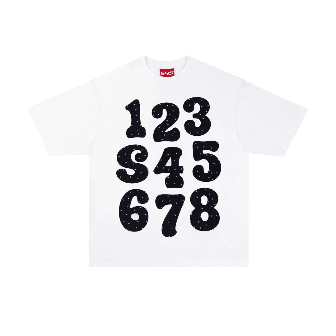 S45 Number Print Rhinestone Short Sleeve Tee | Face 3 Face