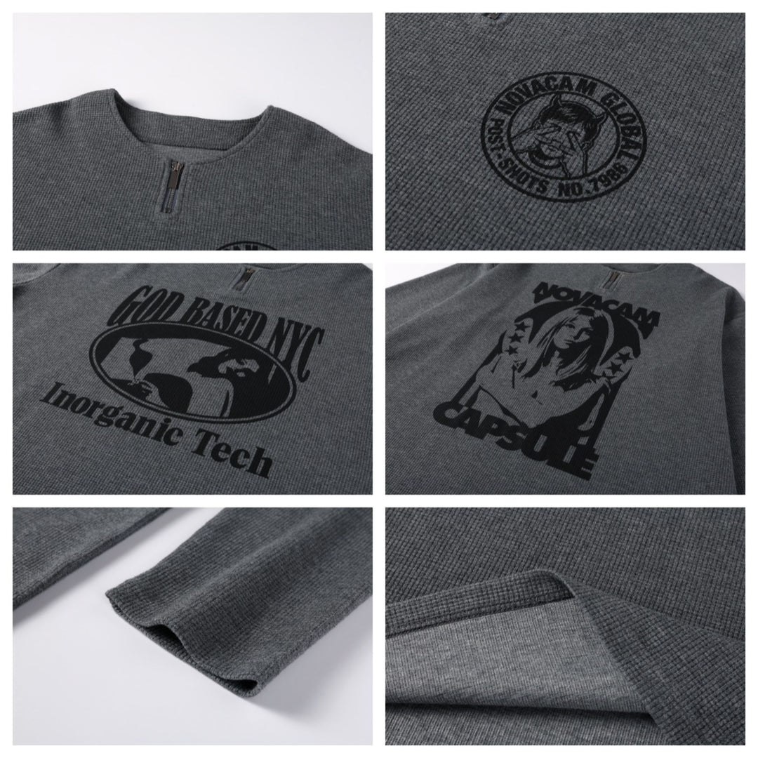 NOVACAM Waffle Vintage Print Zip Long Sleeve Tee | Face 3 Face