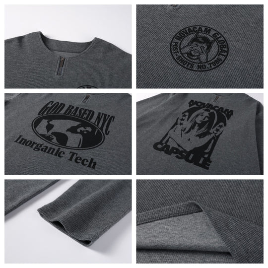 NOVACAM Waffle Vintage Print Zip Long Sleeve Tee | Face 3 Face