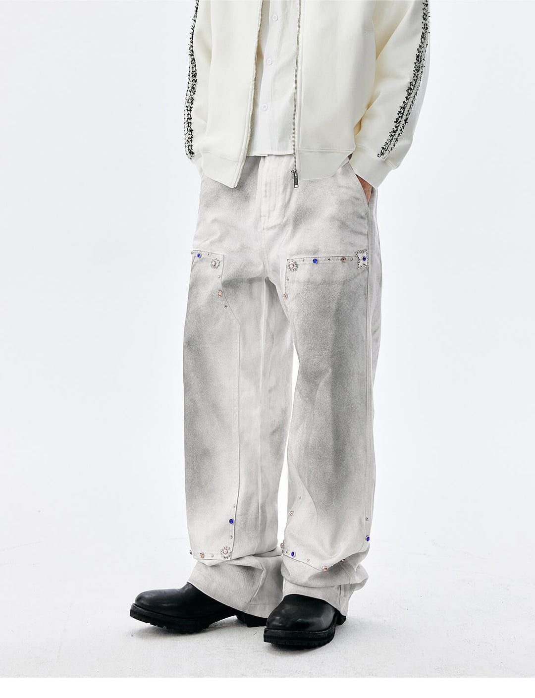 MEDM Gemstone Studded Double Knee Washed Jeans | Face 3 Face