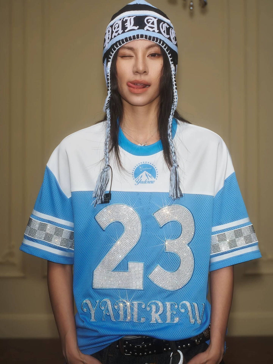 YADcrew Rhinestone Digital Checkered Numbering Mesh Tee | Face 3 Face