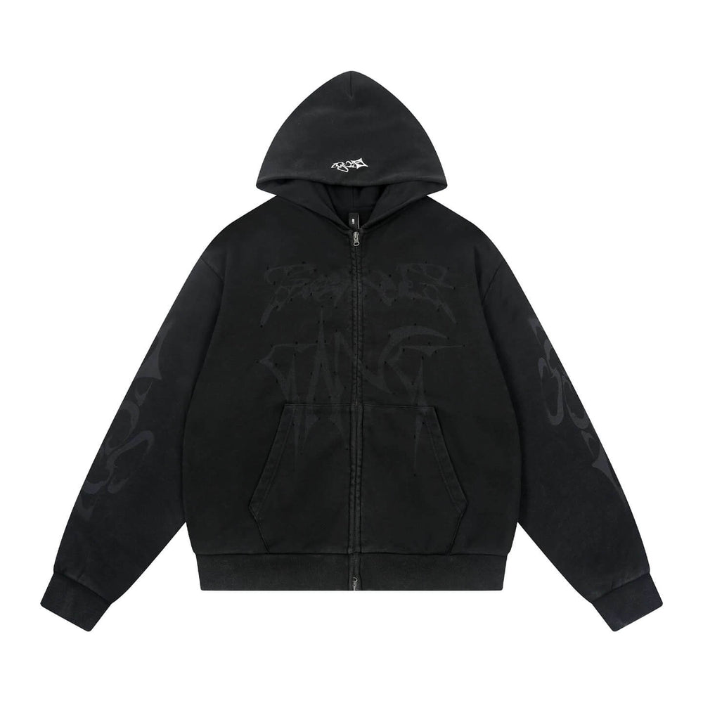 1807 Handcrafted Distressed Print Zip Up Hoodie | Face 3 Face