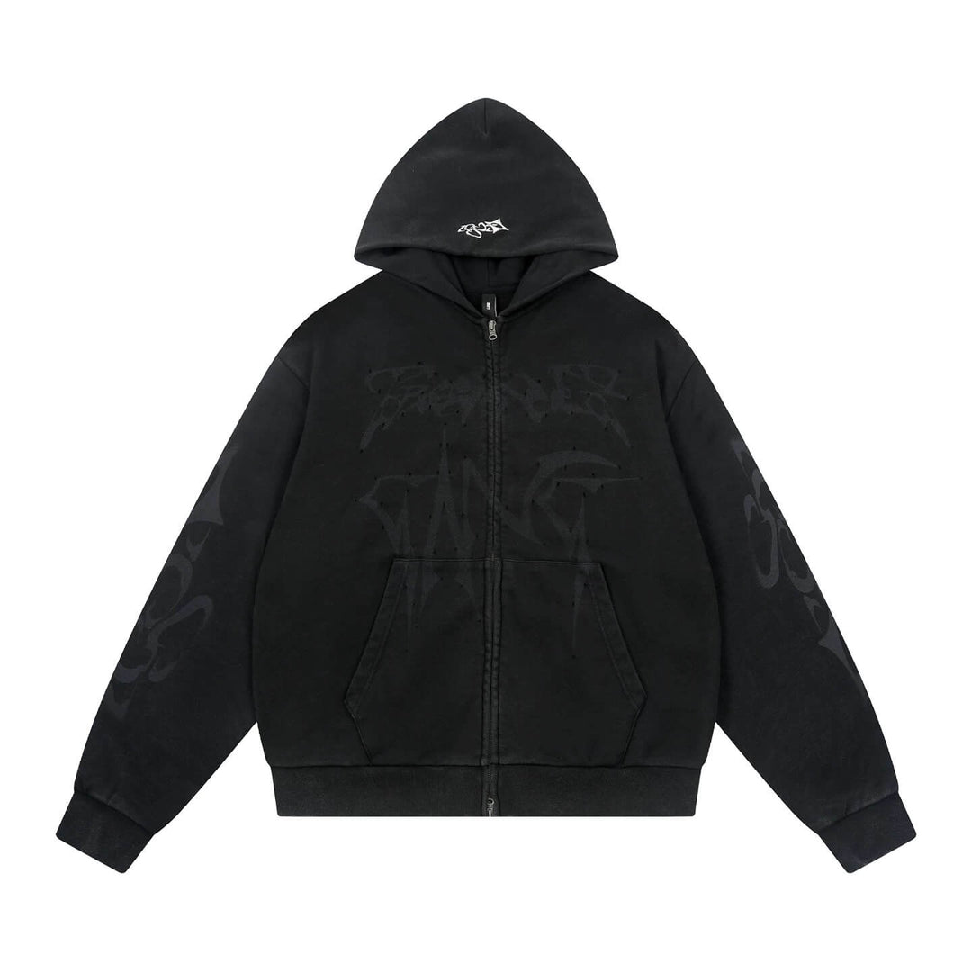 1807 Handcrafted Distressed Print Zip Up Hoodie | Face 3 Face