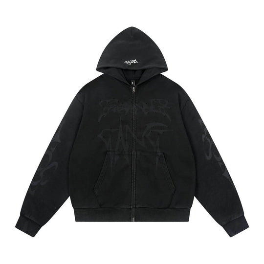 1807 Handcrafted Distressed Print Zip Up Hoodie | Face 3 Face