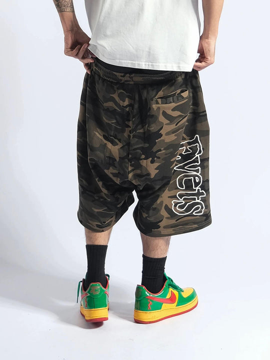 EVETS Anime Graphic Print Camo Baggy Sweat Shorts | Face 3 Face