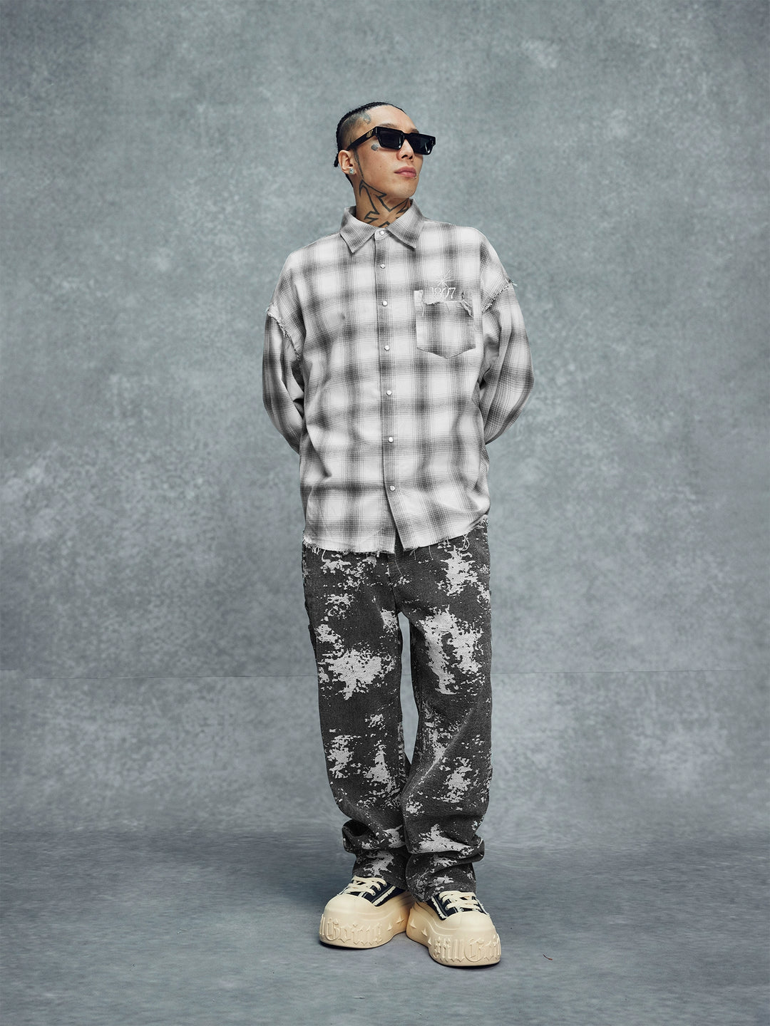 1807 Plaid Distressed Long Sleeve Shirt | Face 3 Face