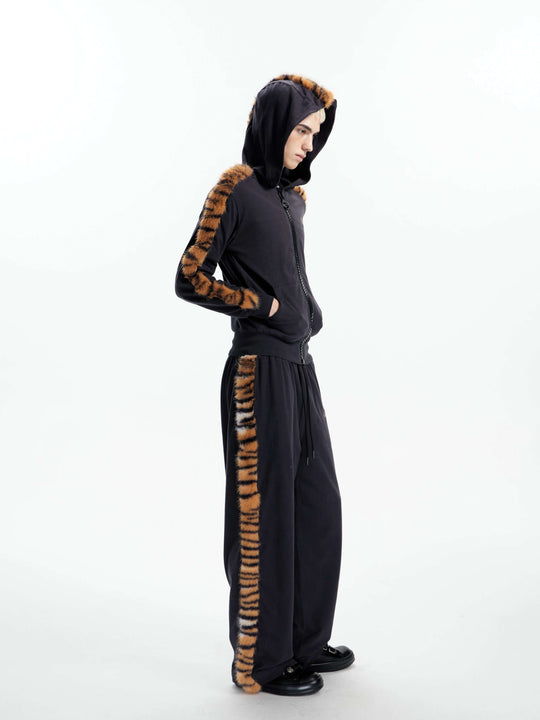 KARMANISTIC Tiger and Leopard Faux Fur Stripe Zip Up Hoodie | Face 3 Face