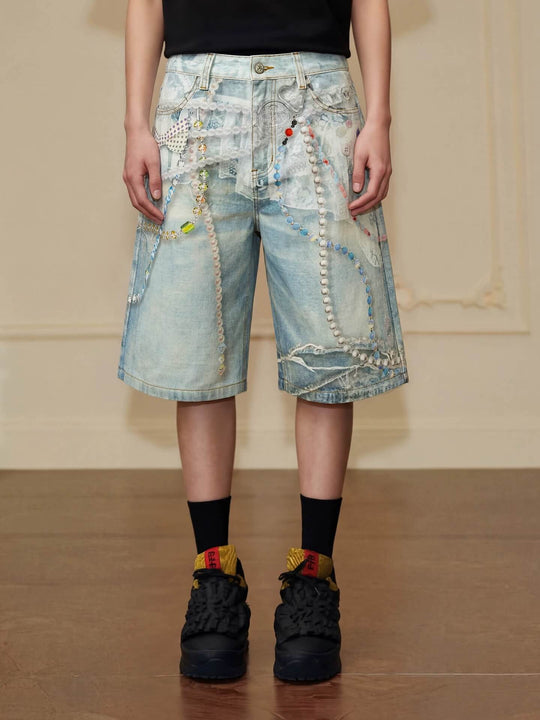 YADcrew Denim Pearl Bead Chain Digital Print Shorts | Face 3 Face