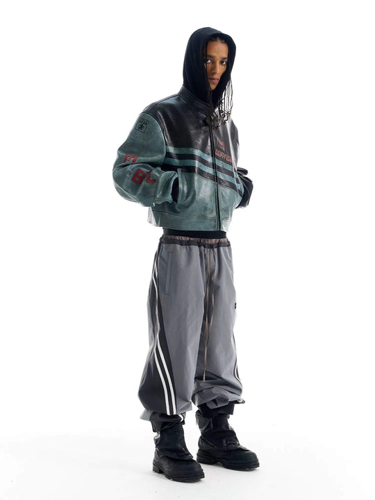 EXITMODE BY BLIND NO PLAN Vintage Distressed PU Leather Short Racing Jacket | Face 3 Face