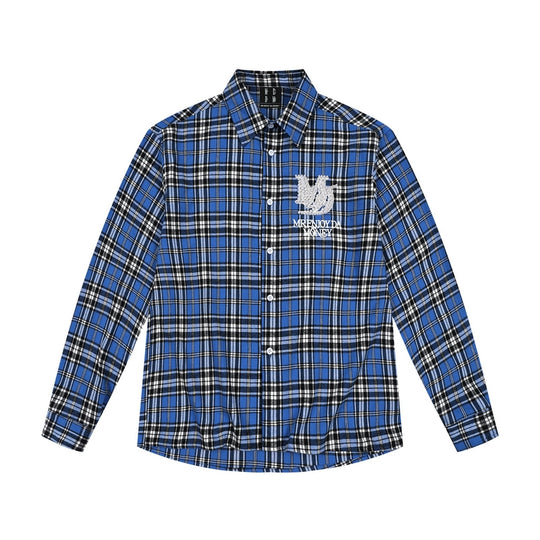 MEDM Blue Pearl Embroidery Plaid Long Sleeve Shirt | Face 3 Face