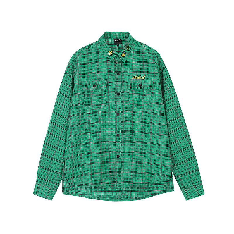 Achock Color Blocking Logo Embroidery Plaid Long Sleeve Shirt | Face 3 Face