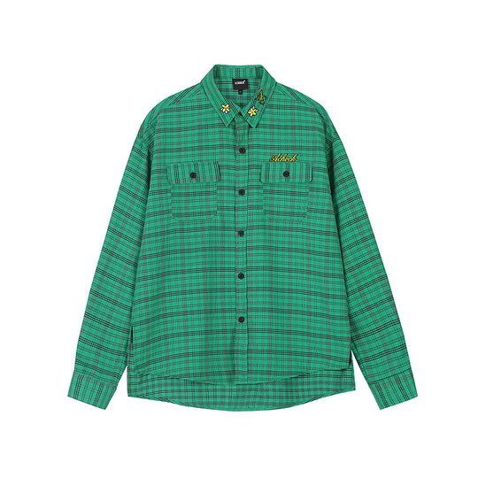 Achock Color Blocking Logo Embroidery Plaid Long Sleeve Shirt | Face 3 Face