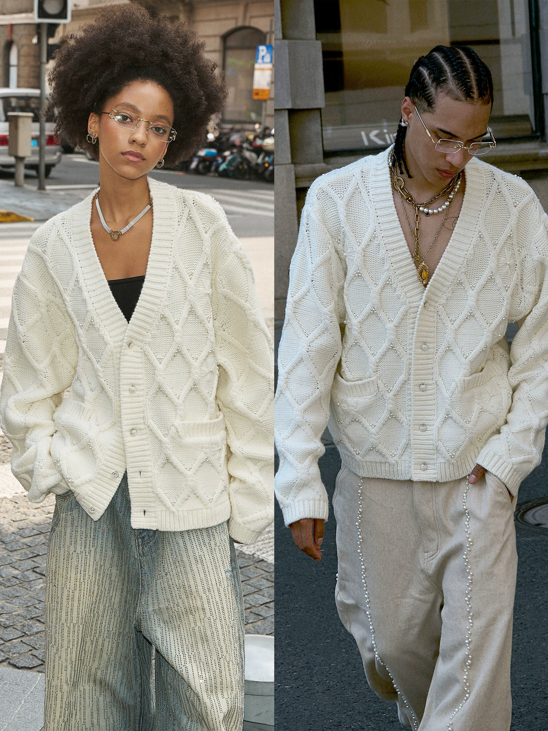 STEEPC Wool Blend Diamond Cable Knit Pearl Cardigan | Face 3 Face