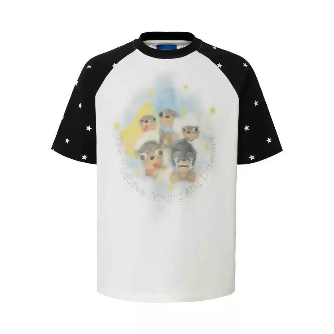 YADcrew Cartoon Dog Print Star Raglan Color Block Tee | Face 3 Face