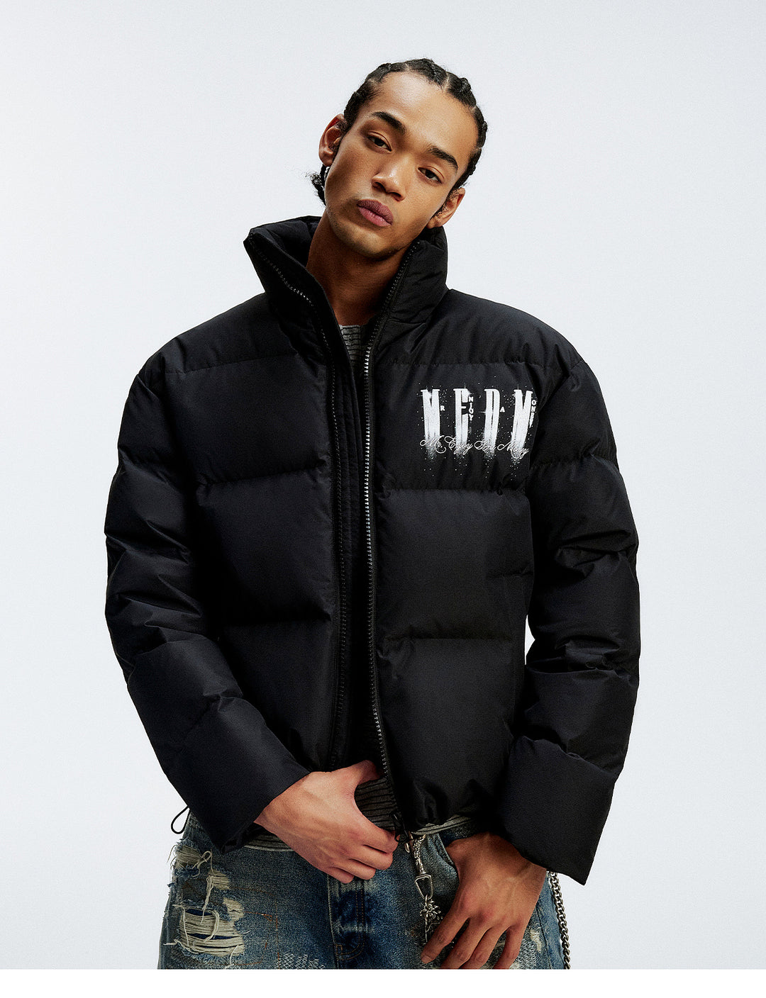 MEDM Rhinestone Studded Logo Down Jacket | Face 3 Face