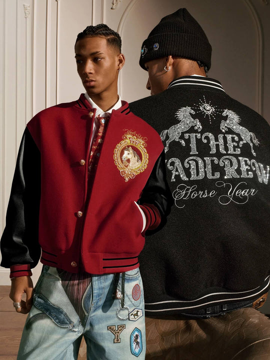 YADcrew Horse Sequin Pearl Embroidered Varsity Jacket | Face 3 Face