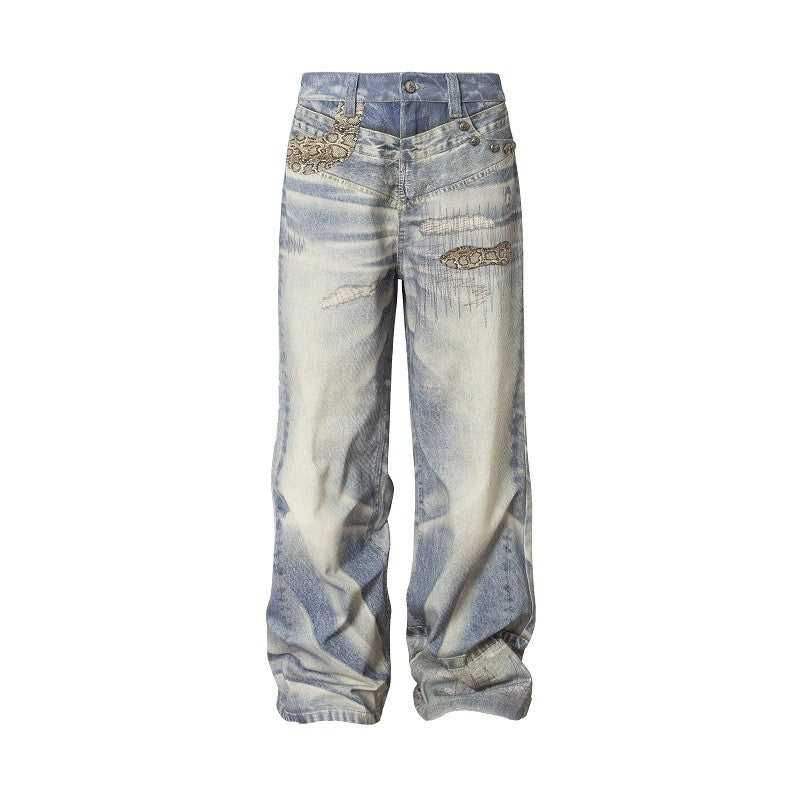 YADcrew Python Random Stitch Printed Rivet Baggy Jeans | Face 3 Face