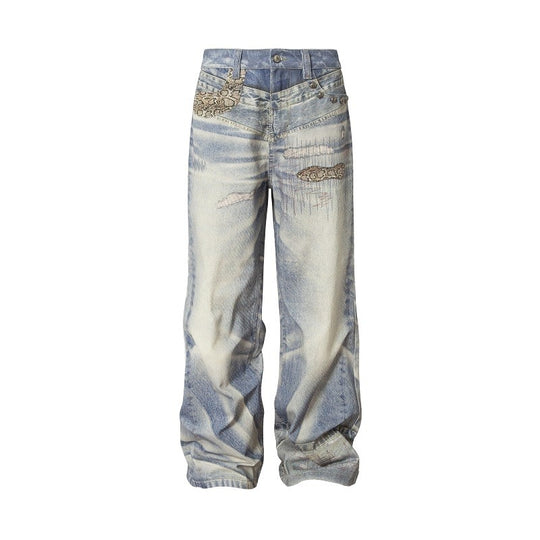 YADcrew Python Random Stitch Printed Rivet Baggy Jeans | Face 3 Face