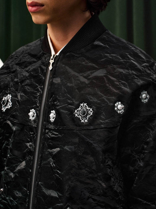 YADcrew Velvet PU Leather Pearl Jewelry Bomber Jacket | Face 3 Face