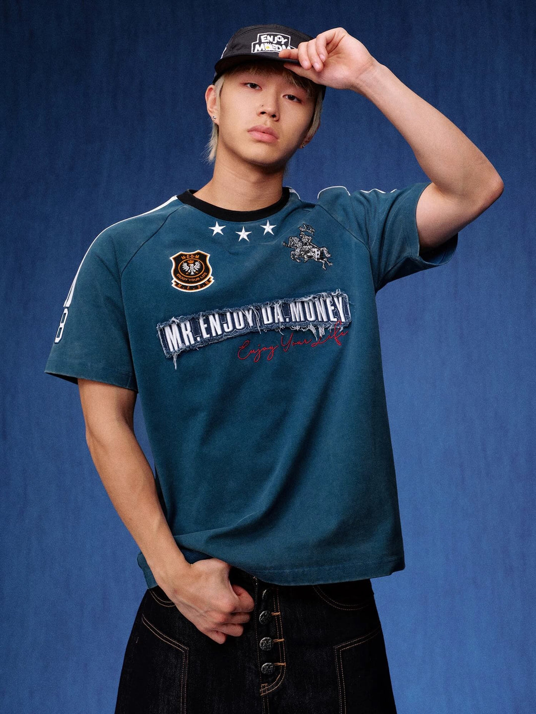 MEDM Distressed Denim Logo Patch Washed Short Sleeve Tee | Face 3 Face