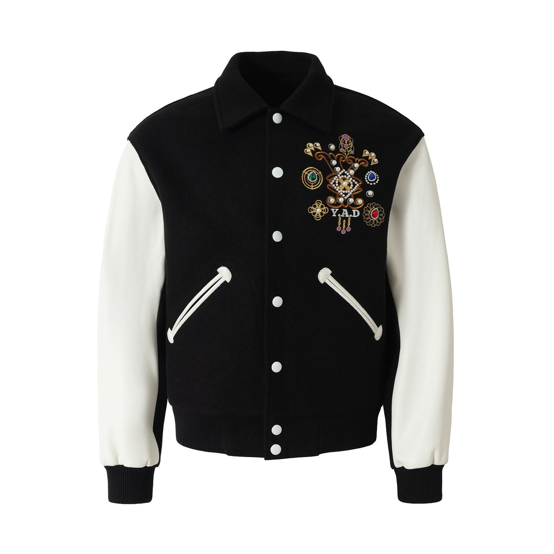 YADcrew Colorful Gemstone Cross Varsity Jacket | Face 3 Face