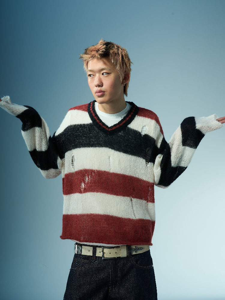 EVILKNIGHT(EK) Striped Colorblocking Distressed V-Neck Knit Sweater | Face 3 Face