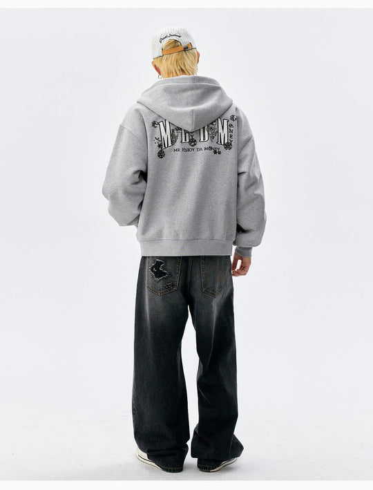 MEDM Beaded Flower Embellished Zip Up Hoodie | Face 3 Face