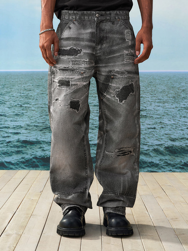 YADcrew Needle Stitch Hole Double Knee Print Jeans | Face 3 Face