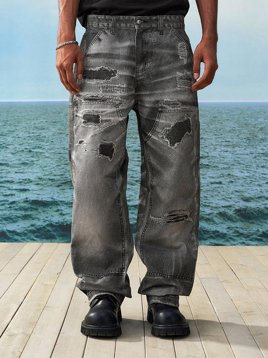 YADcrew Needle Stitch Hole Double Knee Print Jeans | Face 3 Face