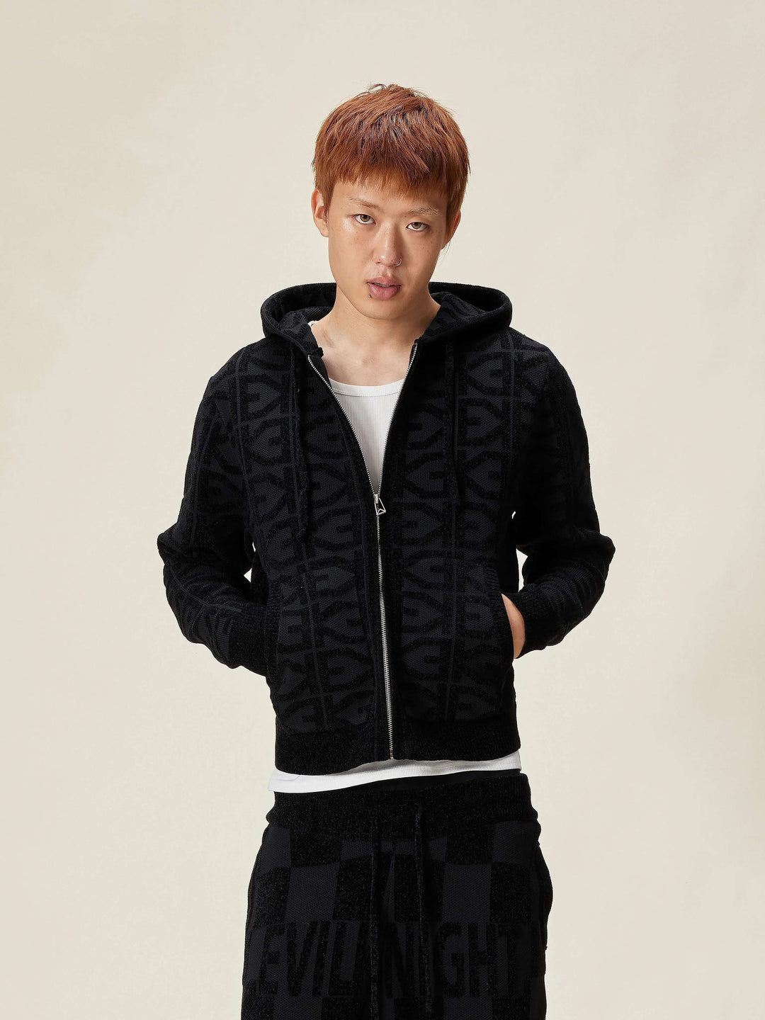 EVILKNIGHT(EK) Jacquard Logo Knit Zip Up Hoodie