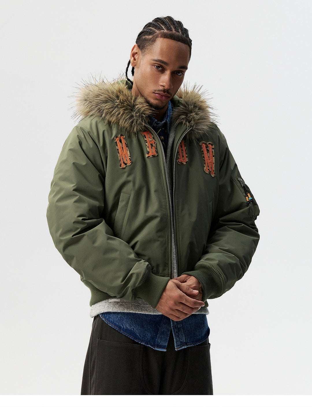 MEDM Animal Logo Patch Fur Hooded Bomber Jacket | Face 3 Face