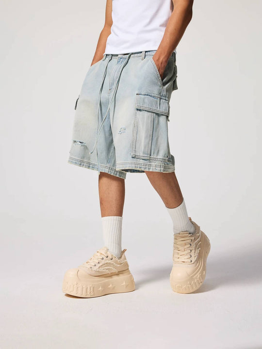 1807 Vintage Washed Distressed Denim Cargo Shorts | Face 3 Face