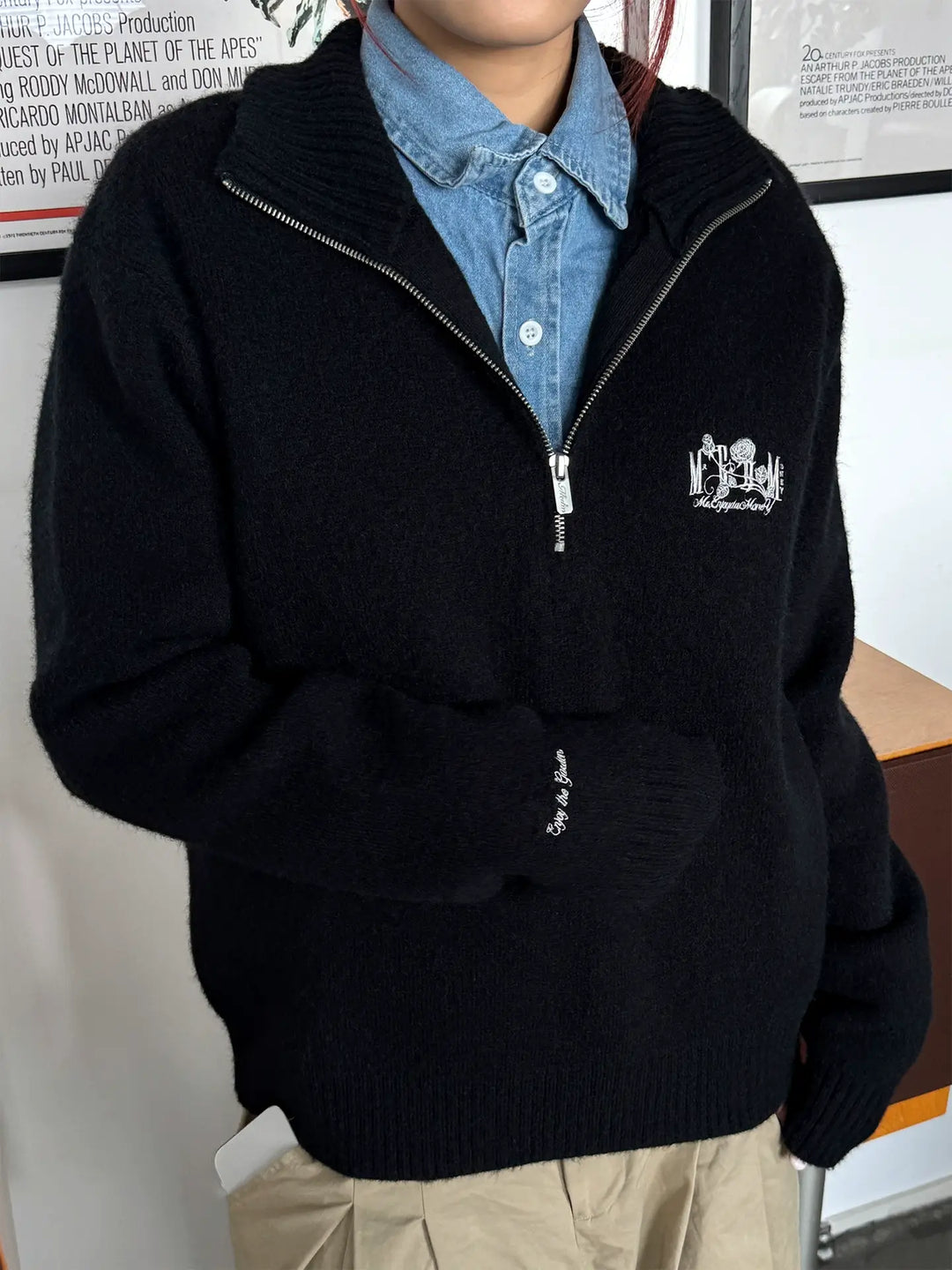 MEDM Rose Embroidered Half Zip Knit Sweater | Face 3 Face