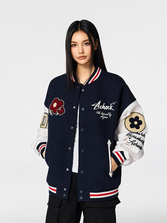 Racer varsity jacket | Achock Flower Logo Embroidery Varsity Jacket | Face 3 Face