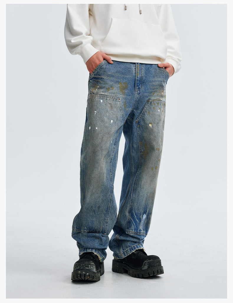 MEDM Dirty Washed and Painted Double Knee Jeans | Face 3 Face