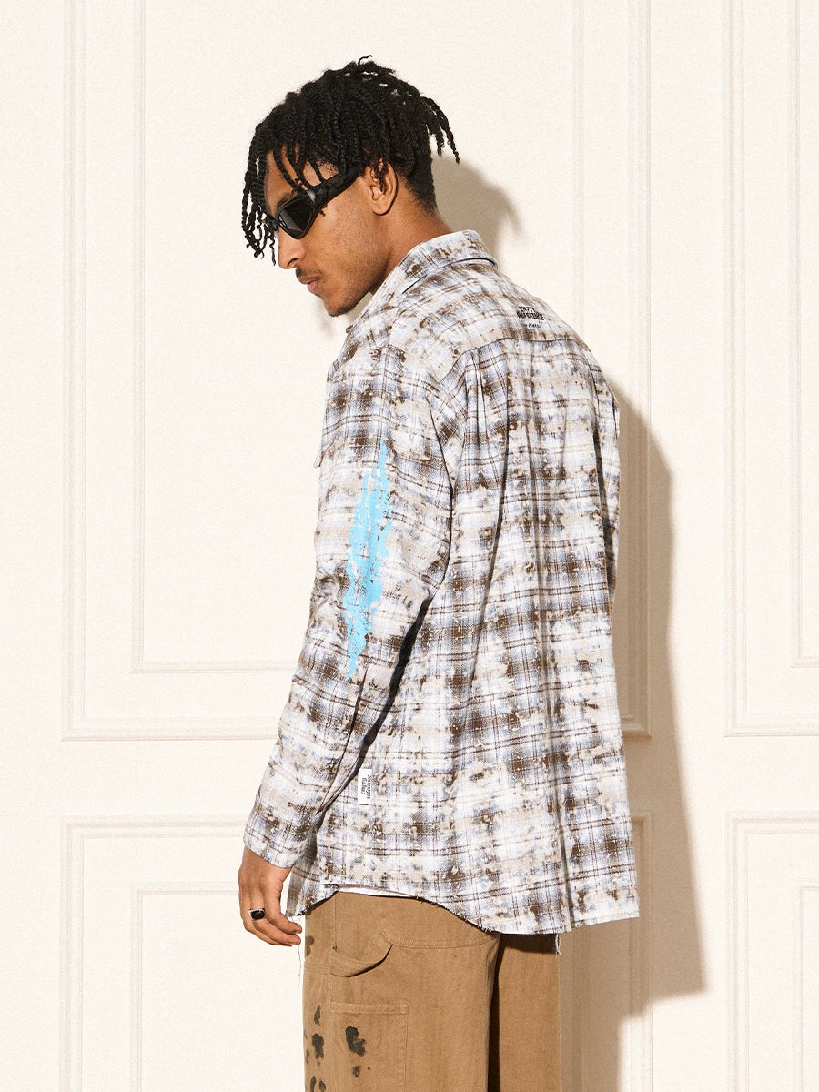 EMPTY REFERENCE Mottled Flame Printed Old Plaid Long Sleeve Shirt