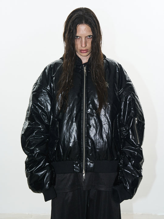 BLIND NO PLAN Crackle-Textured Hooded Bomber Jacket | Face 3 Face