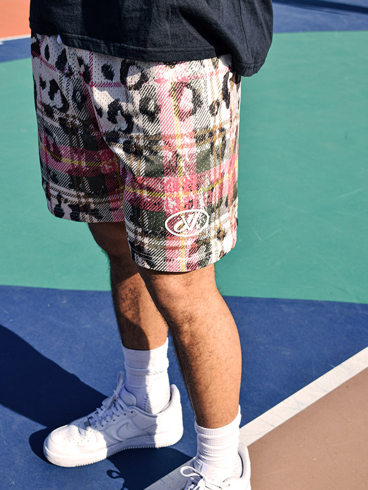 JUST VIBE Plaid and Leopard Print Mesh Basketball Shorts | Face 3 Face