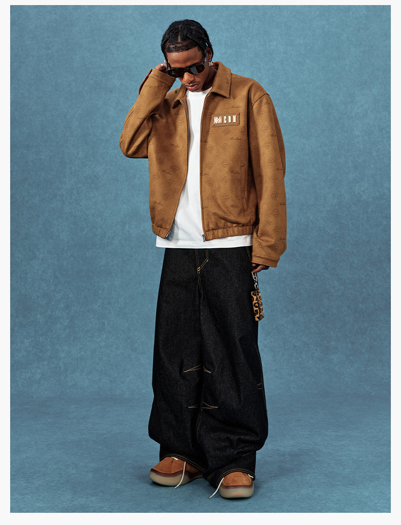 MEDM Leather Logo All-Over Monogram Suede Jacket | Face 3 Face