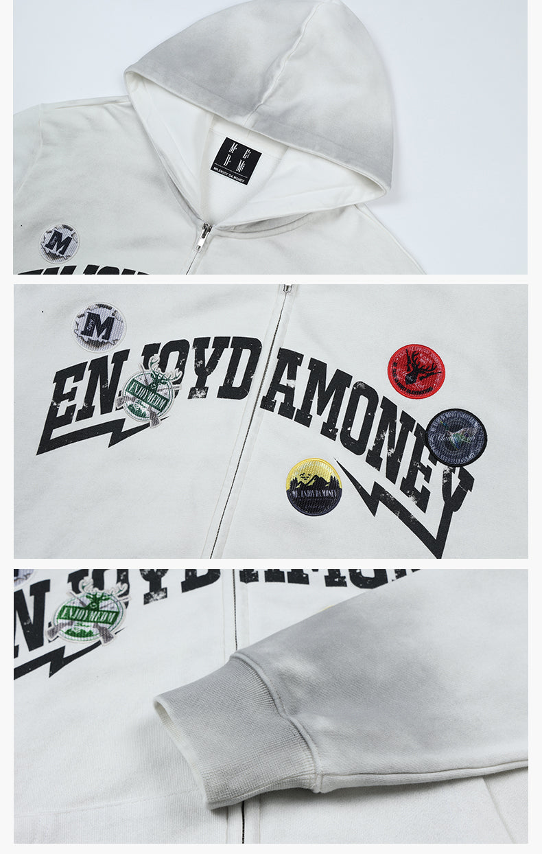 MEDM Gradient Washed Logo Print Embroidered Patch Zip-Up Hoodie | Face 3 Face