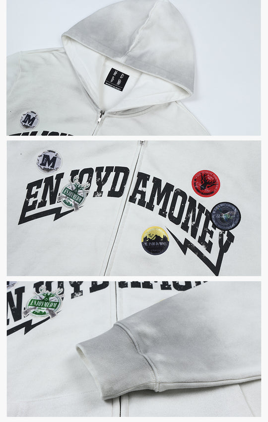 MEDM Gradient Washed Logo Print Embroidered Patch Zip-Up Hoodie | Face 3 Face