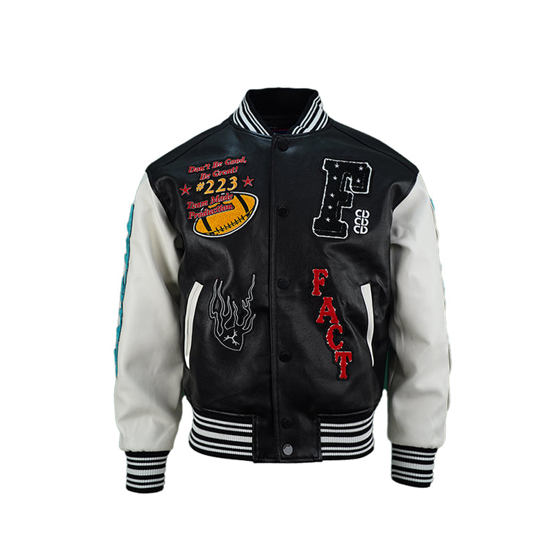 TGFCLUB Trophy Embroidered Colorblock PU Leather Varsity Jacket | Face 3 Face