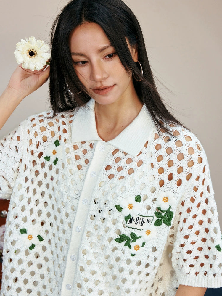 MEDM Flower Embroidery Open Knit Short Sleeve Shirt | Face 3 Face