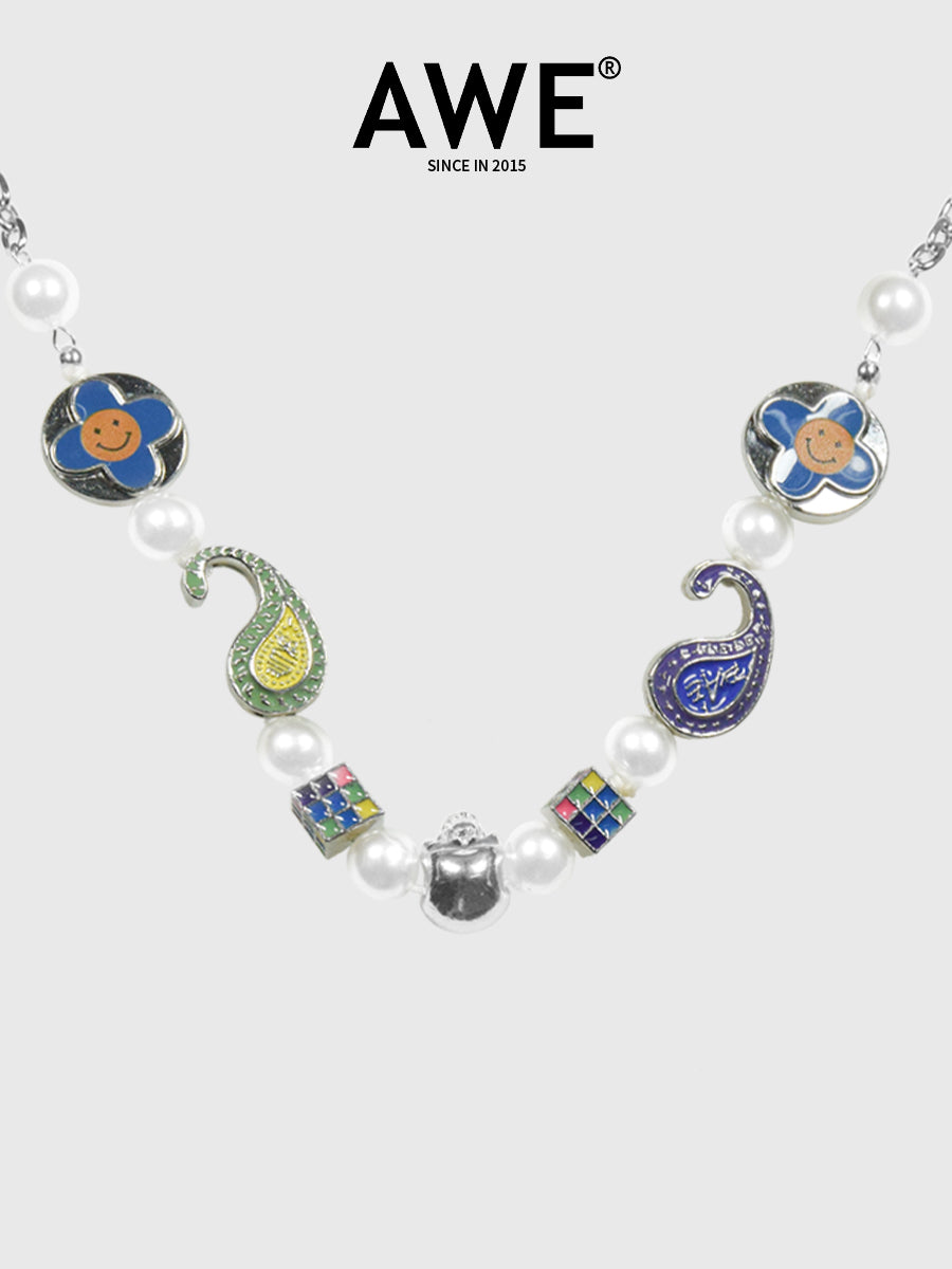 AWE Cross Petal Skull Smiley Face Pearl Necklace | Face 3 Face