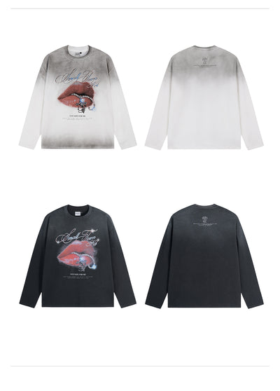 Small Town Kid Dirty Wash Flash Diamond Lips Long Sleeve Tee | Face 3 Face