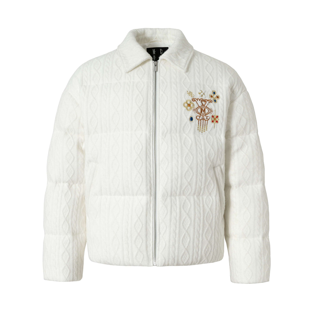 YADcrew x MEDM Cable Knit Pearl Embroidered Puffer Jacket | Face 3 Face