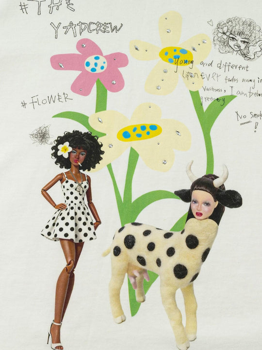 YADcrew Doll and Flower Art Print Rhinestone Tee | Face 3 Face