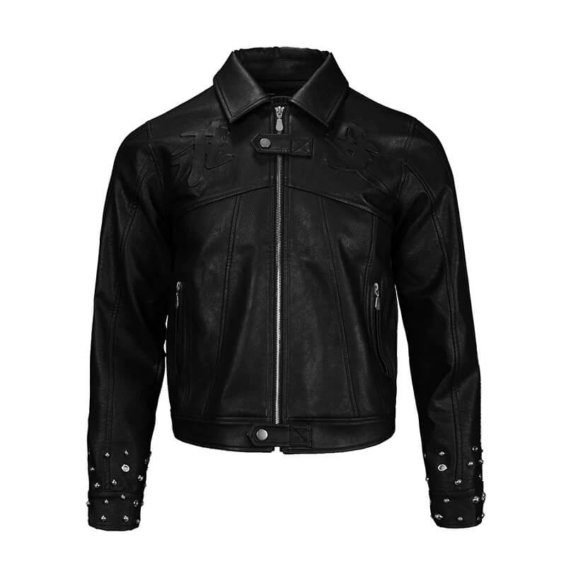 TGFCLUB Embossed Studded Slim Fit PU Leather Biker Jacket | Face 3 Face